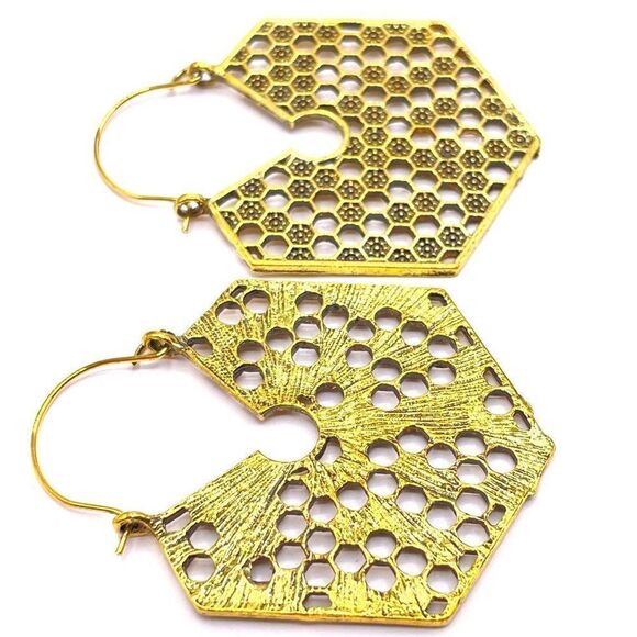 Yellow Gold Boho Style Hexagon Honeycomb Dangling Hinged Hook Earrings - Picture 5 of 6
